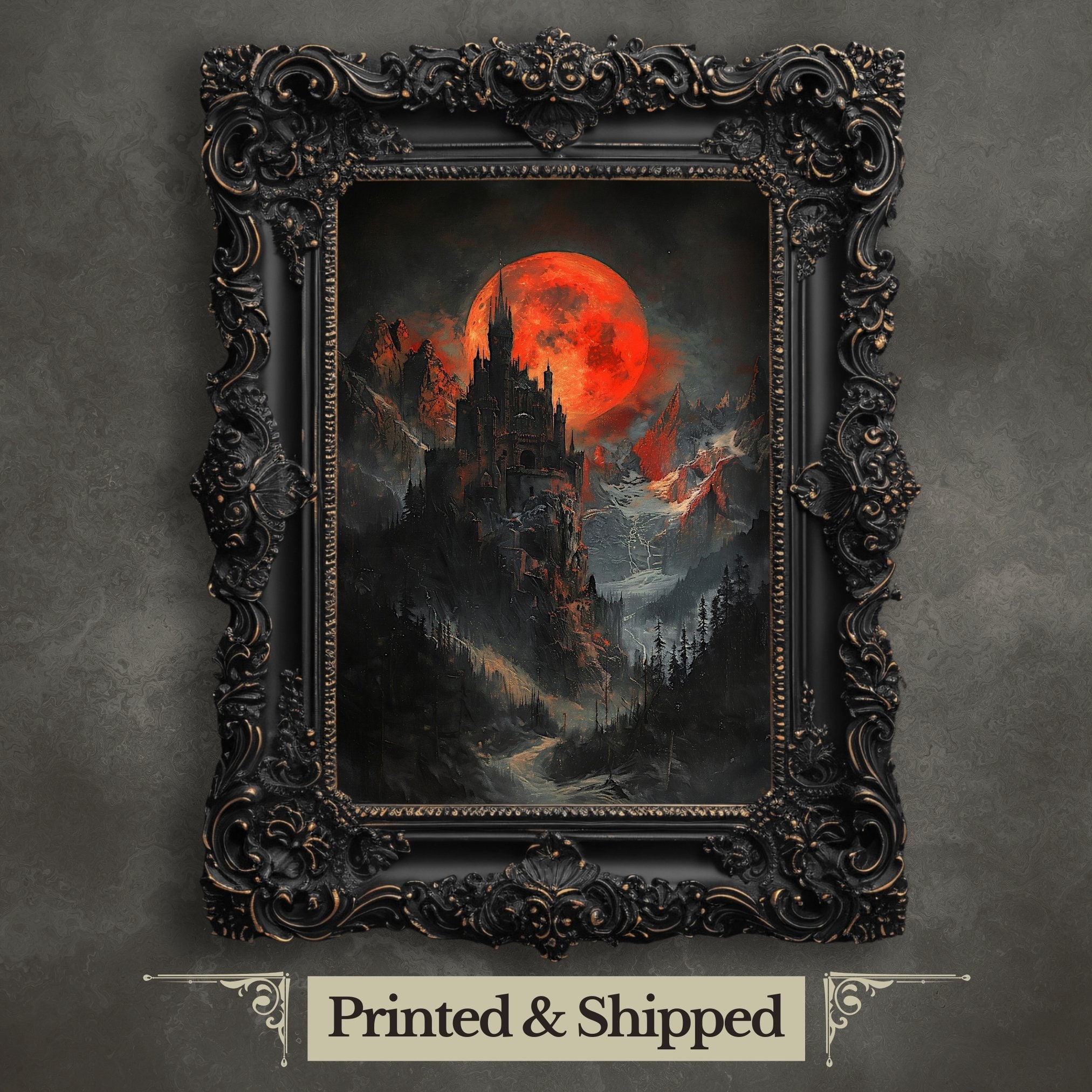 Poster Dark Academia Castello Vampiro Con Luna Di Sangue | Stampa Artistica Gotica 30,5x40,6 Cm Per Arredamento Casa E Ufficio