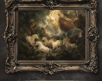 Unicorns and the Rising Ark – Dramatic Great Flood Printable Fantasy Artwork, Instant Download