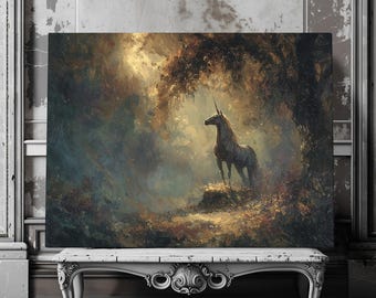 Radiant Unicorn Forest Canvas – Serene Magical Artwork with Warm Golden Glow and Ethereal Atmosphere
