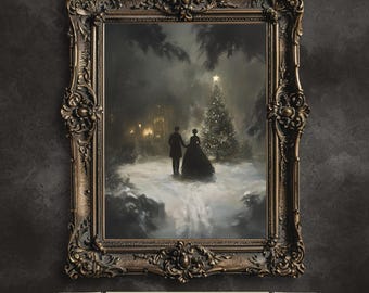 Victorian Christmas Tree Print, Romantic Winter Couple (Digital Download)