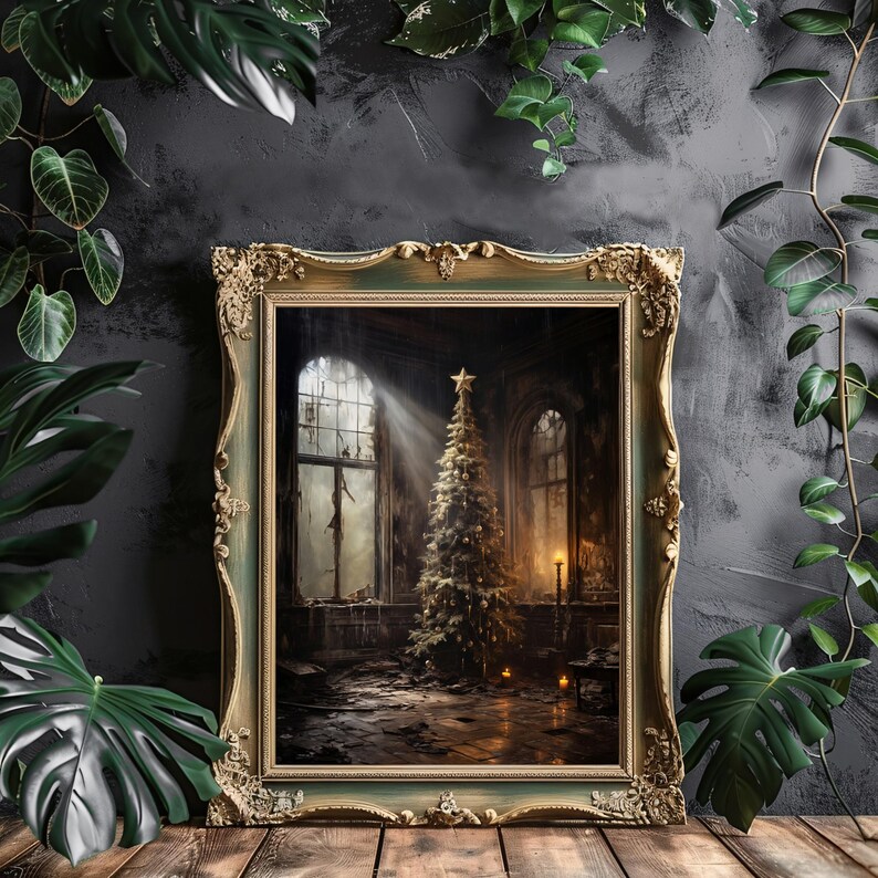 May include: A framed painting of a Christmas tree in a dilapidated room. The tree is decorated with lights and ornaments, and there are candles on the floor. The room is dark and dusty, with peeling paint and broken windows.