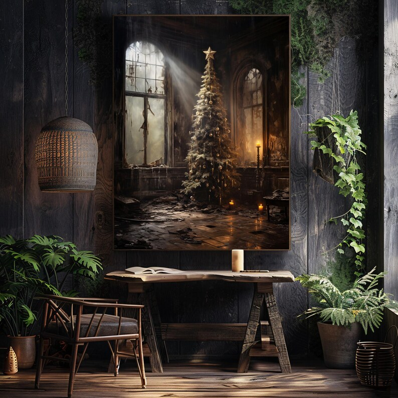 May include: A Christmas tree decorated with ornaments and lights stands in a dilapidated room with a single ray of light shining down on it. The room is dark and dusty, with broken windows and peeling paint. The tree is a symbol of hope and resilience in the face of adversity.