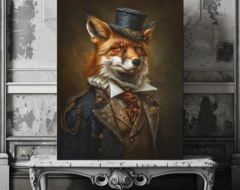 May include: A red fox wearing a black top hat and a navy blue jacket with gold accents. The fox is looking to the right of the image.