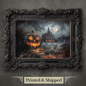 Haunted House Wall Art Print Halloween Pumpkin Decor Spooky Season Wall Art Jack-o-Lantern Oil Painting Haunted Autumn Artwork