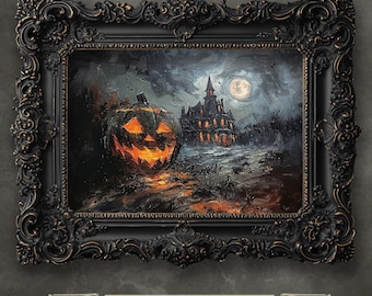 お化け屋敷のハロウィーンアートプリント：不気味なカボチャの油絵
