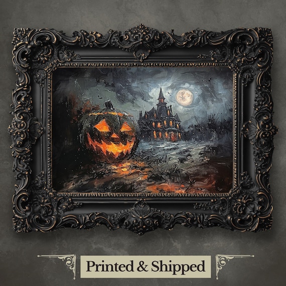 お化け屋敷のハロウィーンアートプリント：不気味なカボチャの油絵