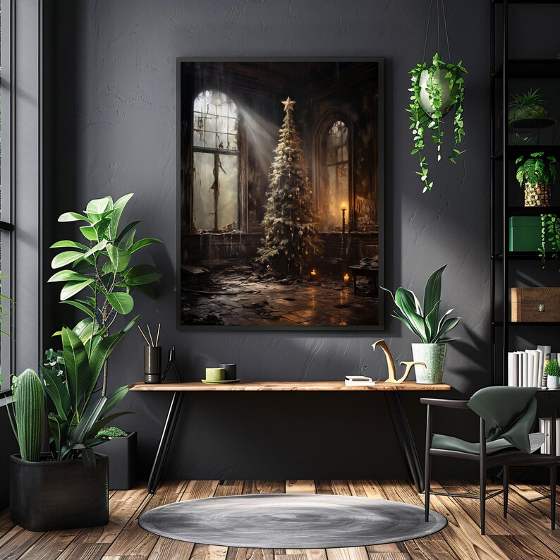 May include: A Christmas tree stands in a dark, abandoned room with a single ray of light shining down on it. The room has large windows with broken glass and a worn wooden floor.