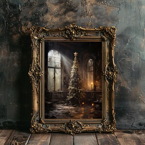 May include: A framed photograph of a Christmas tree in a room with a large window. The tree is decorated with lights and ornaments. The room is dark and dusty, with peeling paint on the walls. The frame is ornate and gold.