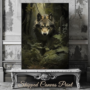 Wolf in Moody Woodland Canvas Print Dark Cottagecore Vintage Dark Academia Print Forest Animal Art Wildlife Dark Green Aesthetic