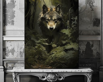 Wolf Canvas Print: Moody Woodland Dark Cottagecore Wall Art