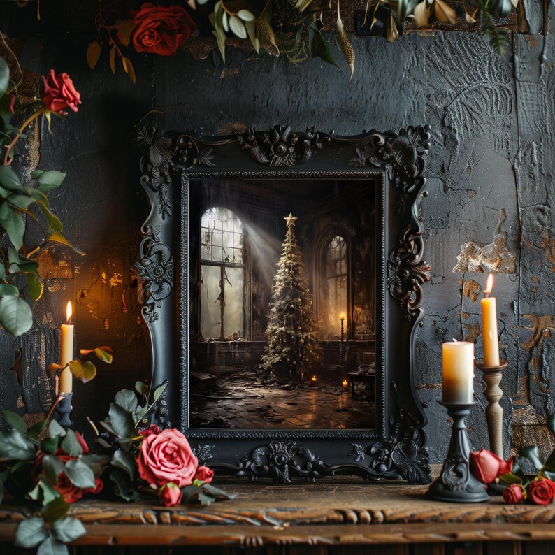 May include: A black framed picture of a Christmas tree in a room with a large window. The tree is decorated with lights and ornaments. The room is dark and mysterious, with a sense of abandonment. Two candles are lit on a table in front of the picture.