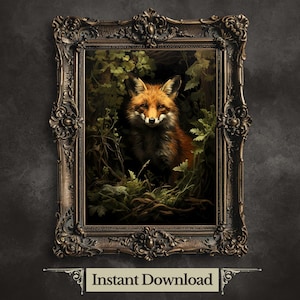 Red Fox in Moody Forest Printable Wall Art Dark Cottagecore Vintage Dark Academia Print Woodland Animal Art Wildlife Painting Gothic