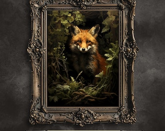 Red Fox in Moody Forest Printable Wall Art Dark Cottagecore Vintage Dark Academia Print Woodland Animal Art Wildlife Painting Gothic