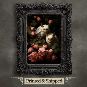 Stampa artistica da parete con pipistrelli bianchi Decorazione da cottagecore scura Arte da parete gotica Pittura Dark Academia Ritratto retrò gotico Arte horror Pittura di animali