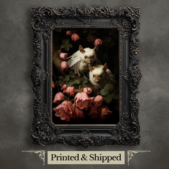 White Bats Wall Art Print Dark Cottagecore Decor Goth Wall Art Painting Dark Academia Gothic Retro Portrait Horror Art Animal Painting