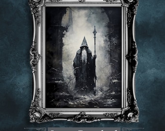 Pintura de Mago Invernal: Arte Gótico Cottagecore Oscuro (Descarga Digital)