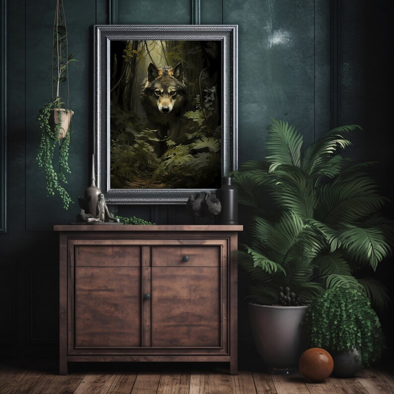 Wolf Wall Art Print Moody Woodland Vintage Green Academia Forest Art Wildlife Dark Green Aesthetic Decor