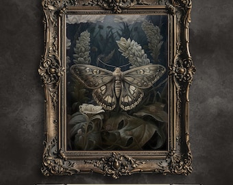 Vintage Moth Botanical Painting: Dark Academia Gothic Wall Art (Digital Download)