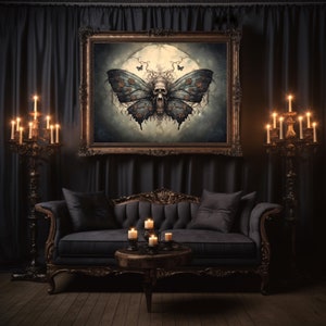 May include: A dark, moody living room with a black velvet sofa, a coffee table, and two ornate candle holders. A framed artwork depicting a skull-faced butterfly hangs on the wall.