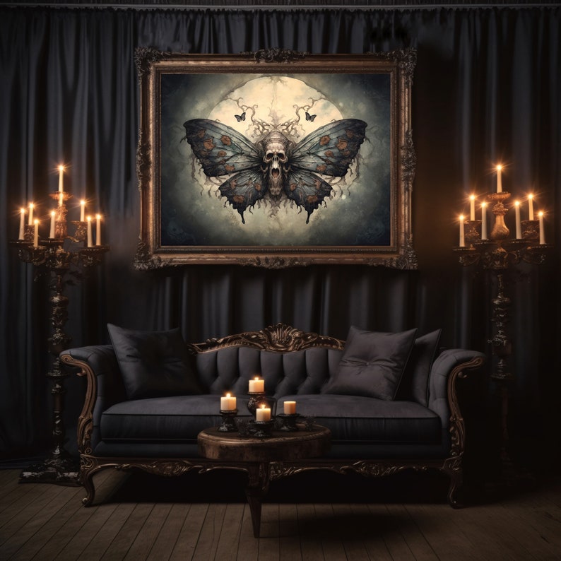 May include: A dark, moody living room with a black velvet sofa, a coffee table, and two ornate candle holders. A framed artwork depicting a skull-faced butterfly hangs on the wall.