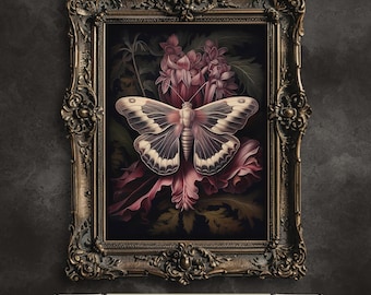 Moth and Flowers Art Print: Dark Academia Gothic Decor (Digital Download)