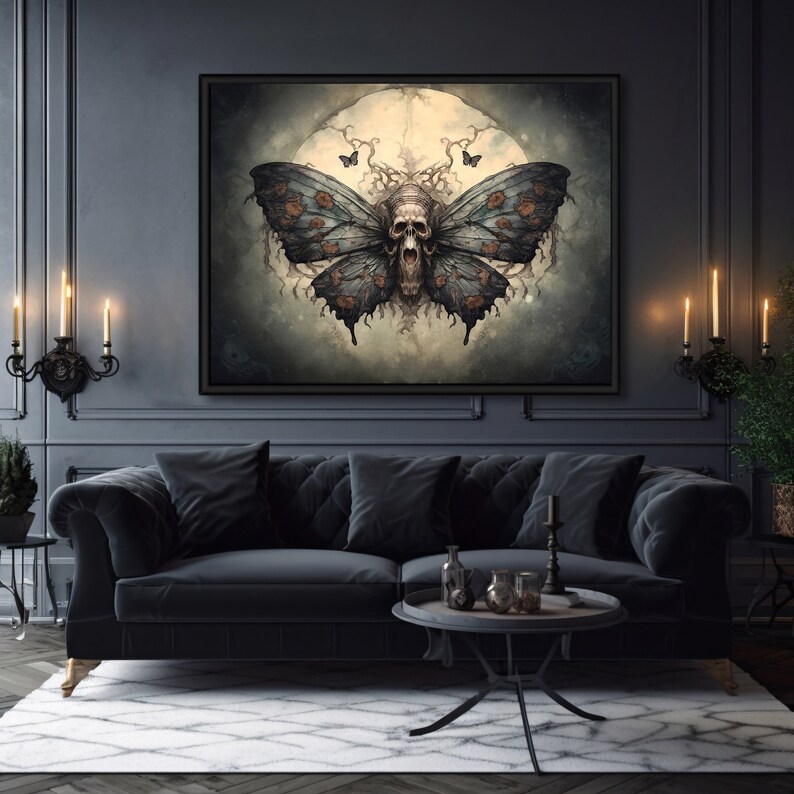 May include: A dark, gothic-inspired art print featuring a skull with butterfly wings against a backdrop of a full moon and swirling clouds.
