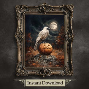 White Raven Printable Wall Art Halloween Print Spooky Season Wall Art Eerie Autumn Raven Portrait Witchy Albino Raven Artwork