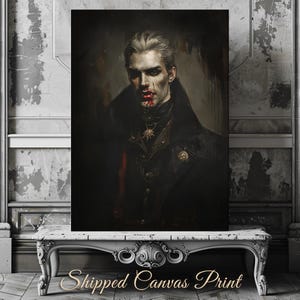 Vampire Lord Canvas Print Vintage Portrait Painting Young Dracula Print Spooky Halloween Wall Decor Moody Macabre Canvas Art Print