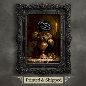 Stampa artistica da parete con calice di rosa nera, arte da parete floreale scura, pittura di natura morta vintage, pittura oscura accademia, pittura malinconica, decorazione botanica