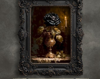 Black Rose Goblet Print: Dark Academia Gothic Still Life Wall Art