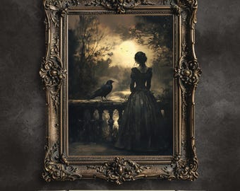 Gothic Woman & Raven Printable Wall Art, Victorian Twilight Digital Download, Poe-Inspired Dark Academia Decor, Instant Download