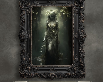 May include: A framed print of a woman in a white dress standing in a forest. The woman is surrounded by white flowers and the background is dark green. The frame is black with gold accents.