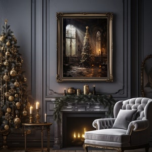 May include: A dark gray room with a fireplace, a gray armchair, and a Christmas tree in a framed picture. The room is decorated with gold candles and ornaments.