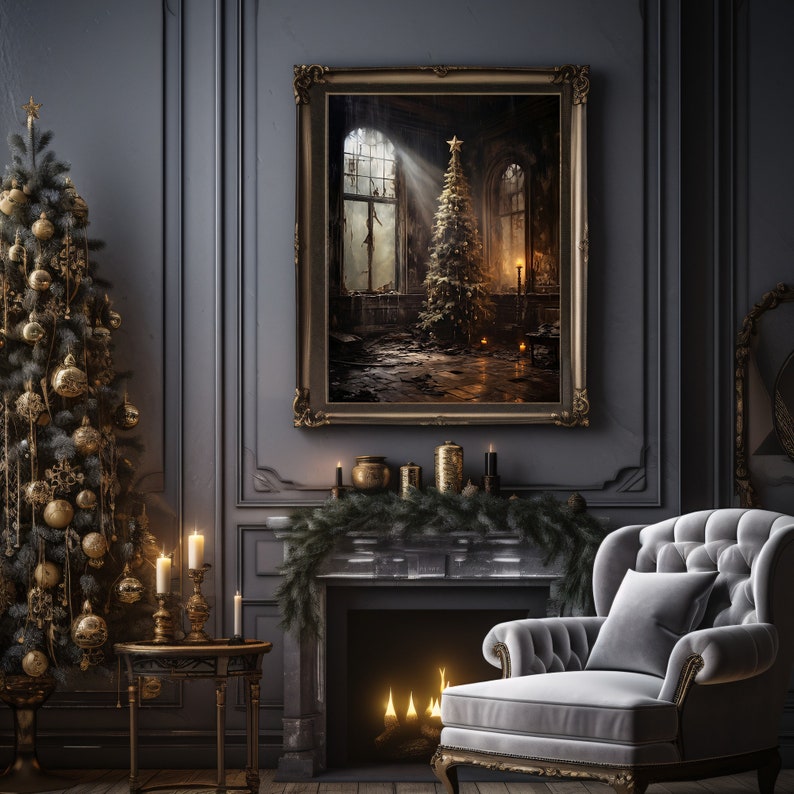 May include: A dark gray room with a fireplace, a gray armchair, and a Christmas tree in a framed picture. The room is decorated with gold candles and ornaments.