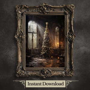 May include: A framed image of a Christmas tree in a dilapidated room. The tree is decorated with ornaments and lights. A beam of light shines through a broken window. The room is dark and dusty, with peeling paint and cracked walls.