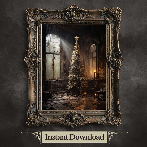 Gothic Christmas Tree Art: Dark Academia Mansion Print (Digital Download)
