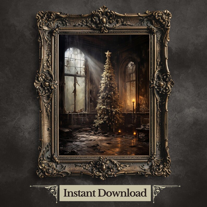 May include: A framed image of a Christmas tree in a dilapidated room. The tree is decorated with ornaments and lights. A beam of light shines through a broken window. The room is dark and dusty, with peeling paint and cracked walls.