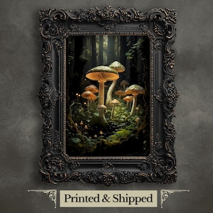 Wald Pilze Wand Kunst Druck Dunkel Wald Kunstwerk Grün Academia Malerei Vintage Botanische Amanita Dekor Stimmungsvoll Walddruck