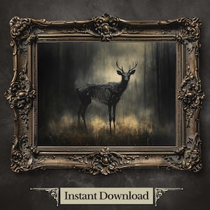 Forest Guardian Printable Wall Art Skeletal Stag for Dark Aesthetic Decor Haunted Woodland Painting Eerie Deer Print Dark Fantasy Decor