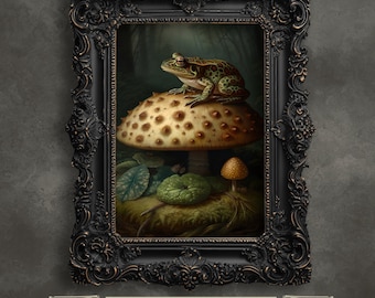Frog on Mushroom Gothic Art Print: Dark Woodland Decor