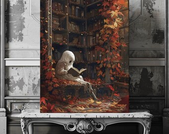Impresión en lienzo de un fantasma leyendo en la biblioteca: decoración caprichosa de Halloween otoñal