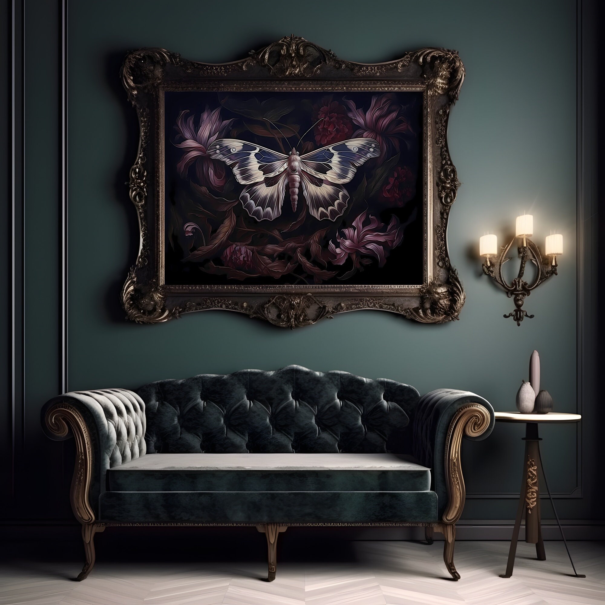 Botanical Moth Dark Cottagecore Wall Art Moody Floral - Etsy