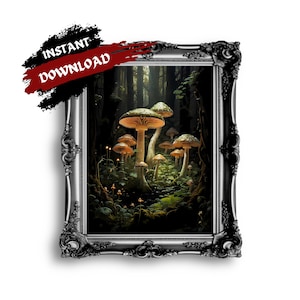 Green Mushrooms in Dark Forest Dark Cottagecore Printable Wall Art Goblincore Vintage Botanical Amanita Decor Witchy Gothic Dark Academia