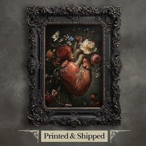 Macabre Valentine Wall Art Print Antique Oil Painting Human Heart with Flowers Creepy Gothic Decor Goblincore Decor Dark Romance Print