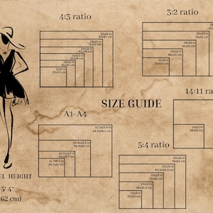 May include: A size guide for different aspect ratios, including 4:3, 3:2, 5:4, and 14:11. The guide shows the dimensions in inches and centimeters for each ratio. The text "SIZE GUIDE" is at the top of the guide. The text "A1-A4" is in the middle of the guide.