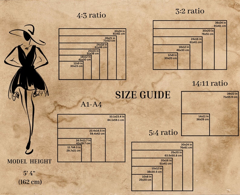 May include: A size guide for different aspect ratios, including 4:3, 3:2, 5:4, and 14:11. The guide shows the dimensions in inches and centimeters for each ratio. The text "SIZE GUIDE" is at the top of the guide. The text "A1-A4" is in the middle of the guide.