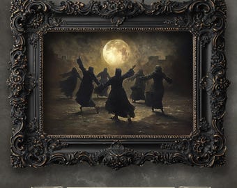 Witches Coven Art Print, Full Moon Ritual, Occult Halloween Decor