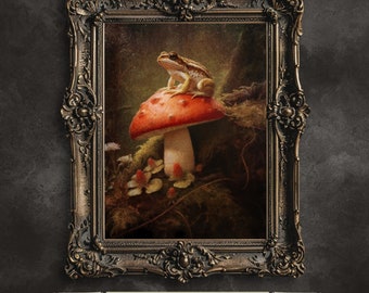 Goblincore Frog Mushroom Art Print: Vintage Gothic Botanical Decor (Digital Download)