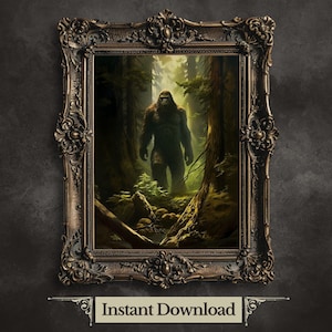 Sasquatsch Druckbare Wand Kunst Gruselige mysteriöse Bigfoot Wanddekor Unheimliche dunkle Waldmalerei Dunkel Cottagecore Gothic Druck Cryptid Poster