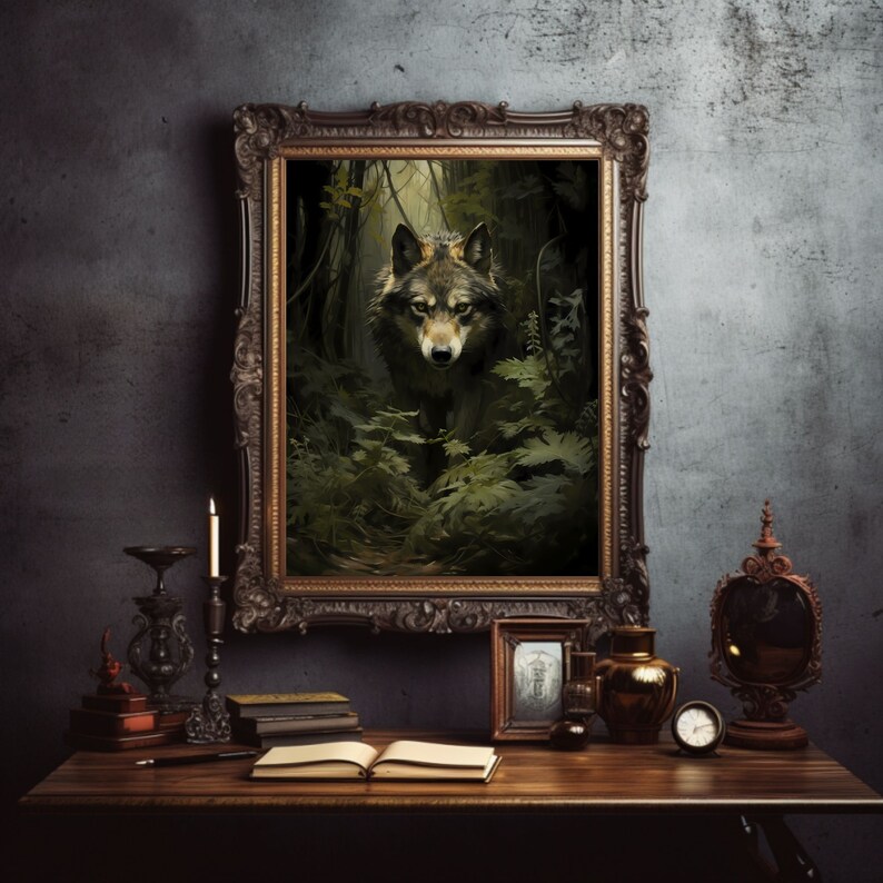 Wolf Wall Art Print Moody Woodland Vintage Green Academia Forest Art Wildlife Dark Green Aesthetic Decor